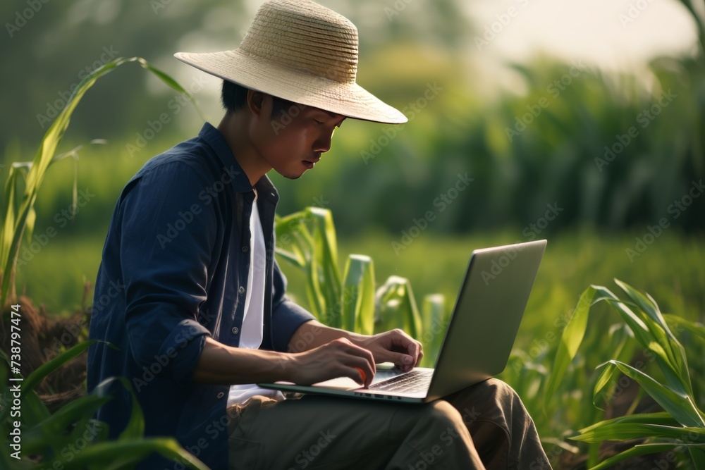 A male farmer with obscured face works on a laptop amidst luscious green cornfield, showcasing the blend of agriculture and technology.