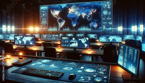 Digital artwork showcasing an advanced command center, intricate setups of monitors with detailed maps and data analytics photo