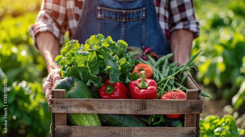 Fototapeta premium farmer holding wooden box full of fresh vegetables. harvesting season. basket with vegetables in the hands of a farmer background, healthy, organic, food, agriculture