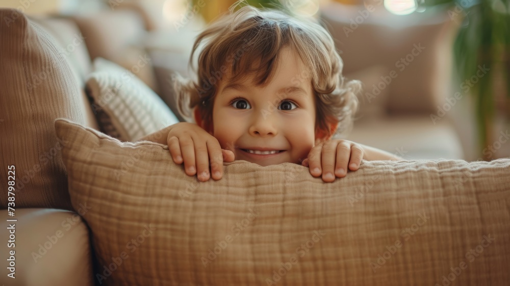 Fototapeta premium little asian children kid playing hide and seek standing behind the sofa, Adorable child having fun in the home. happy family have fun with kids, activity, learning, activity, game, meditation