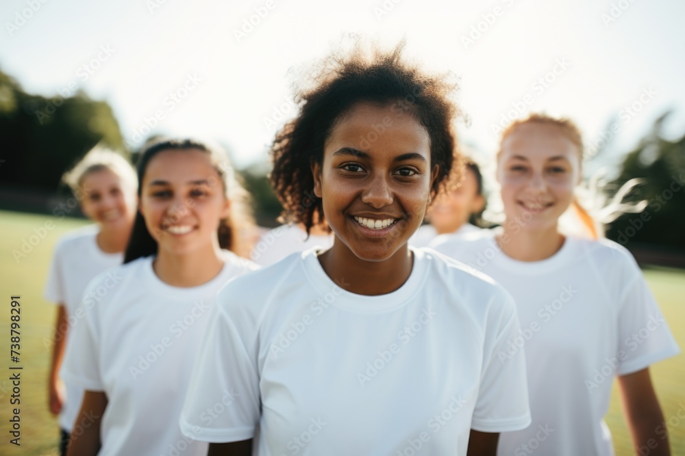 Group portrait of female soccer team on football field - obrazy, fototapety, plakaty 