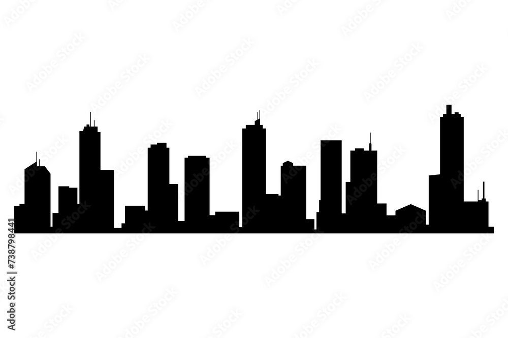 Cityscape silhouette. City building, night town and horizontal urban panorama silhouette. Modern urban landscape. Monochrome panoramic view