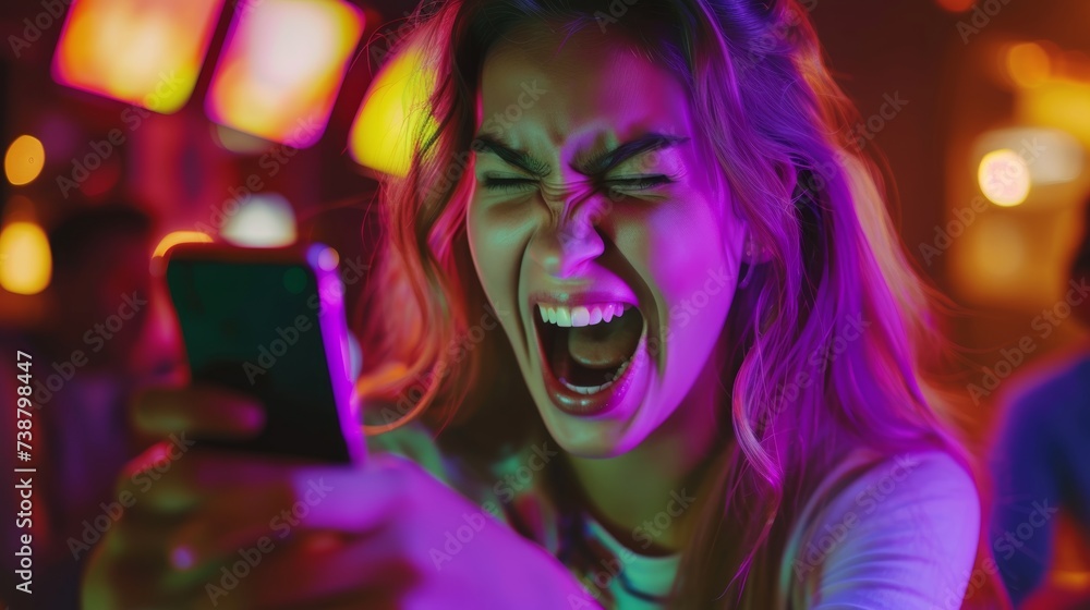 excited young woman play games by mobile phone make winner gesture. female winning mobile gambling. Wow face expression. Esport streaming game online, surprise, gamer, online, earning, new generation. excited young woman play games by mobile phone make winner gesture. female winning mobile gambling. Wow face expression. Esport streaming game online, surprise, gamer, online, earning, new generation.