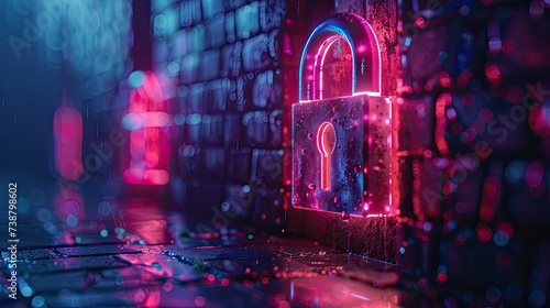 Cybersecurity Glow: Padlock in Neon Rain