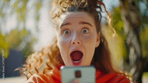 beautiful woman exited surprise face expression . female feels shocked with the phone. exciting smile and happy adorable rejoices. Very enjoy and fun relax time. wow, girl holding smartphone..