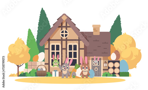 Forest house and cartoon Easter rabbits on isolated background. Cute vector illustration