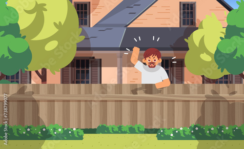 Aggressive neighbor waving his fist. Angry man in the backyard vector illustration