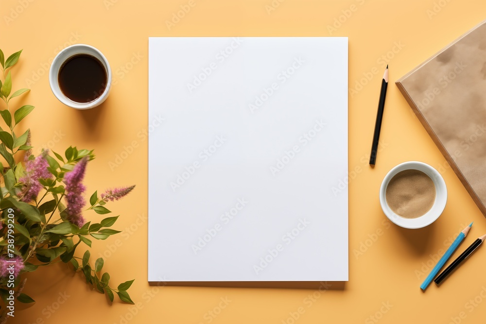 top view of paintbrush and paper mockup over pastel background in art concept top view of paintbrush and paper mockup over pastel background in art concept