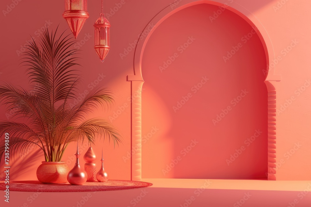 Arabian Ramadhan Style Background: Islamic Design for Eid al-Fitr, 3D Empty Podium Stage for Product Display