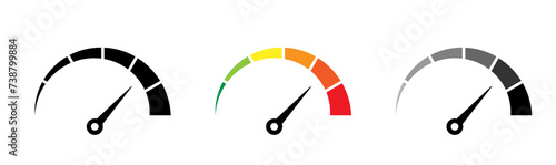 Risk meter icon set. Risk concept on speedometer. Set of gauges from low to high.  Vector illustration. photo