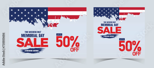 Set of memorial day sale web banner. Happy memorial day holiday sale post. Memorial day weekend sale banner. Memorial Day social media promotion template design in USA national flag colors