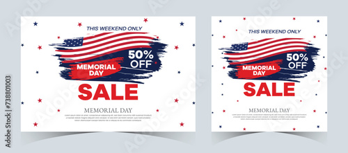 Set of memorial day sale web banner. Happy memorial day holiday sale post. Memorial day weekend sale banner. Memorial Day social media promotion template design in USA national flag colors