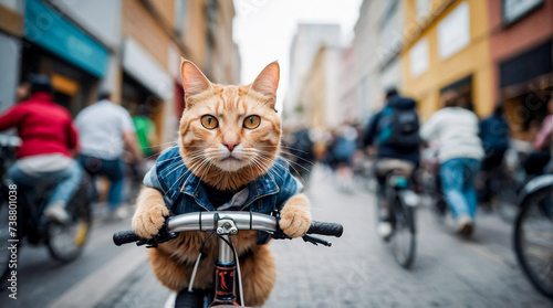 Cute ginger cat riding a bicycle in a crowded city with motion blur effect. Cat biker on city street © Sappheiros