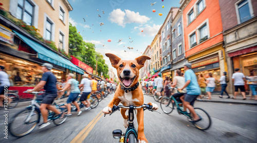 Funny dog riding a bike in a crowded city with motion blur effect. A dog biker on colorful city street