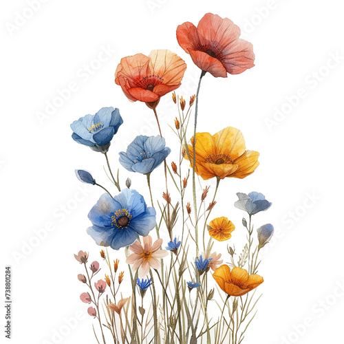 watercolor flowers, illustrations in handmade watercolor style on a white background, generative ai  © redlis