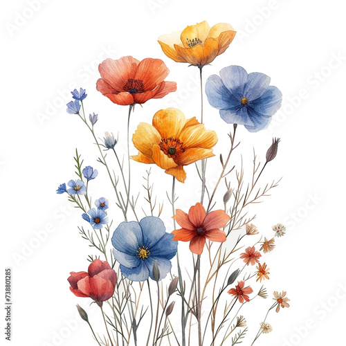 watercolor flowers, illustrations in handmade watercolor style on a white background, generative ai 