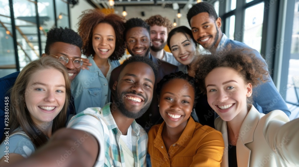 Office selfie. Friendly young biracial workers colleagues have fun at workplace shoot cute silly self picture on phone Office selfie. Friendly young biracial workers colleagues have fun at workplace shoot cute silly self picture on phone