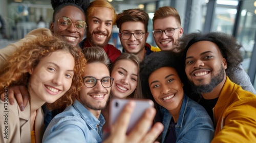 Office selfie. Friendly young biracial workers colleagues have fun at workplace shoot cute silly self picture on phone