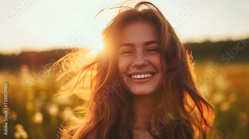 Bela jovem sorrindo à tarde no campo, sorriso beldade entardecer cativante simpática
 photo