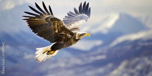 A majestic eagle soaring high above the mountains, with a close-up on its focused eyes and spread wings , concept of Freedom