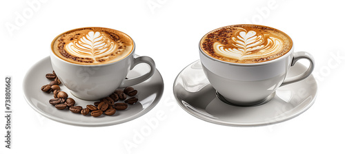 Set of two cappuccino coffees in white cups. Transparent Background.