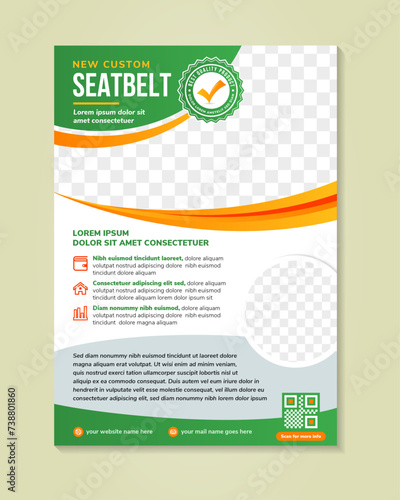 new custom seatbelt flyer design. industry product poster flyer leaflet template. combination green and orange colors with space for photo collage.