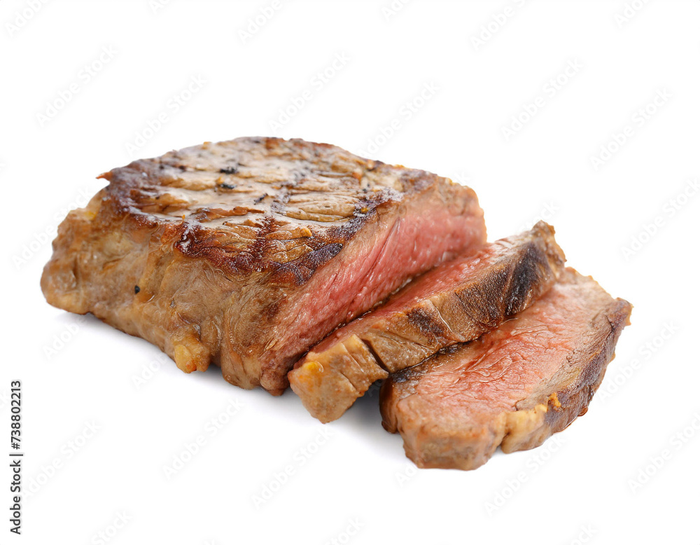 Rindersteak medium gebraten aufgeschnitten isoliert auf weißen Hintergrund, Freisteller Rindersteak medium gebraten aufgeschnitten isoliert auf weißen Hintergrund, Freisteller