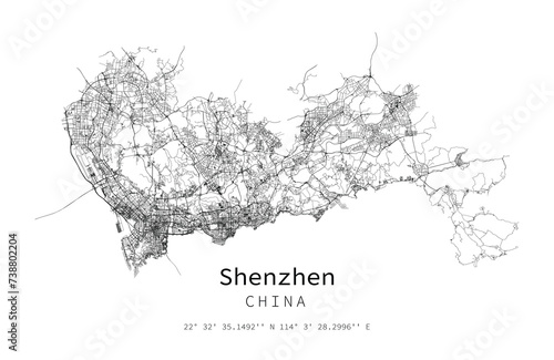 Shenzhen city vector map poster. China municipality linear street map