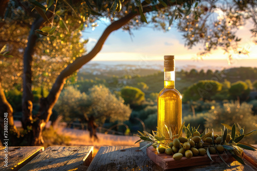 Bottle of olive oil and olives on a wooden table near olive trees and a mediterranean landscape with sunshine © amankris99