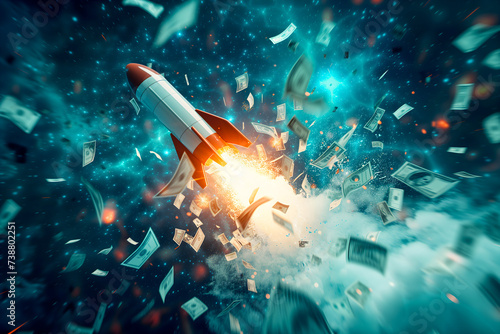 A rocket surges upward amidst a cosmic backdrop scattered with flying dollar bills, representing a meteoric rise in financial prosperity and success