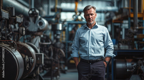 Confident senior manager standing in industrial factory setting