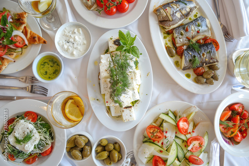 Greek gastronomy, traditional dishes feta, yogurt, tzatziki, moussaka, Greek salad and fish photo
