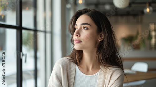 Young woman gazing out a window, lost in thought