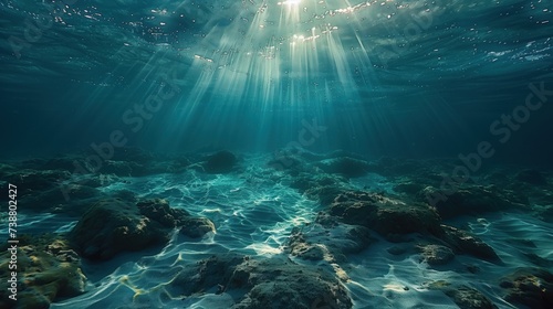 Serene underwater view with sun rays and rocky bottom photo