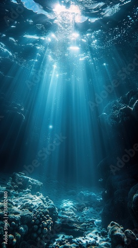 Underwater seascape with sunlight piercing through water