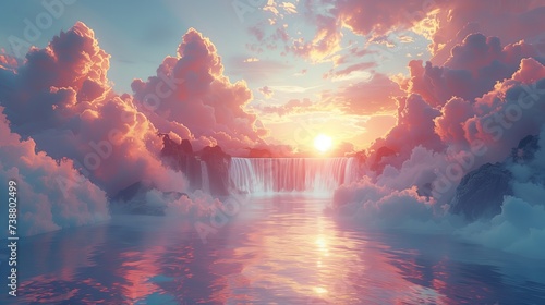 Ethereal waterfalls cascading down mystical pink cliffs