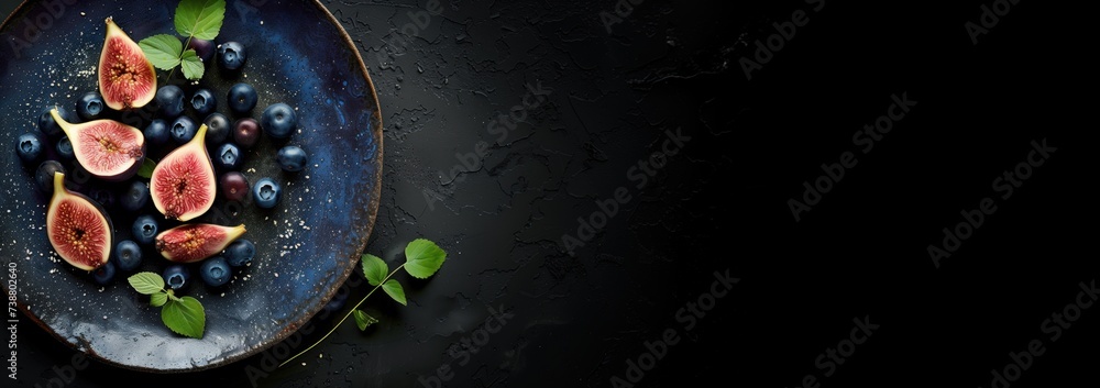 Elegant dessert plating of ripe figs and blueberries with green leaves, blank space for copy text or product