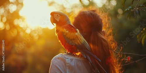 A parrot perched on a person shoulder, symbolizing the unique connection between humans and birds , concept of Avian companionship photo