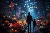 a man and a child are looking at fish in an aquarium