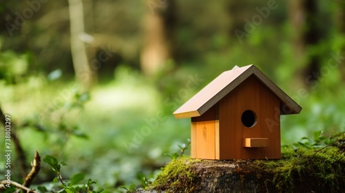 a small wooden birdhouse on a mossy stump in the woods