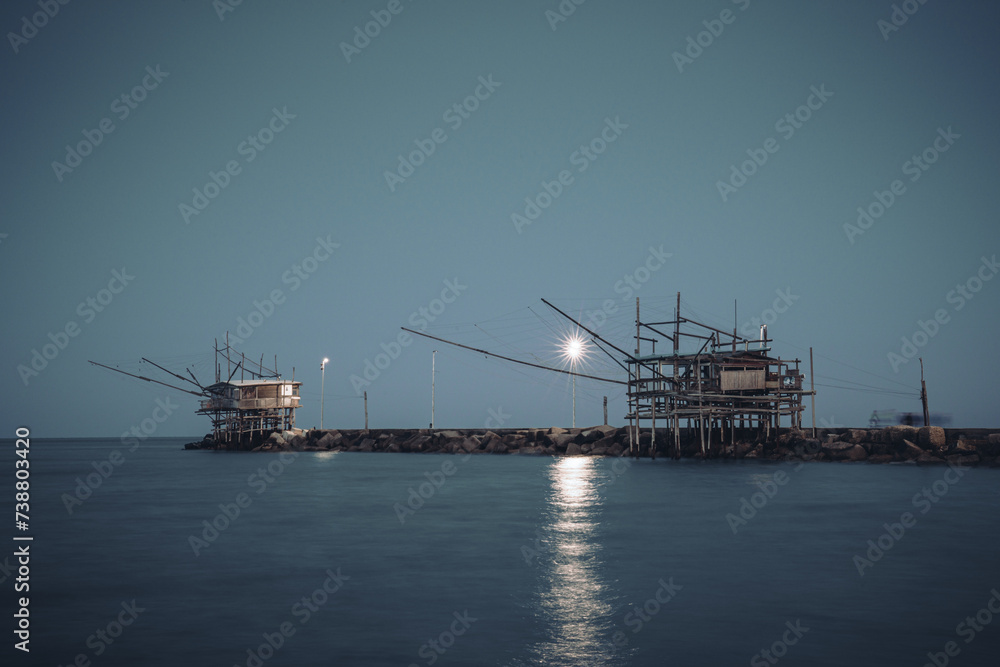 Trabocco San Giacomo e Vento di Scirocco a traditional wooden fishing house. San Vito Chietino, Chieti, Abruzzo, Italy, Europe. Trabocco San Giacomo e Vento di Scirocco a traditional wooden fishing house. San Vito Chietino, Chieti, Abruzzo, Italy, Europe.