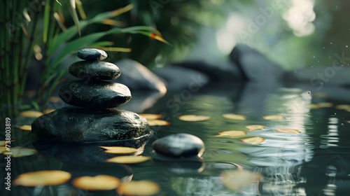 States of mind, meditation, feng shui, relaxation, nature, zen concept. Bamboo, rocks and water 