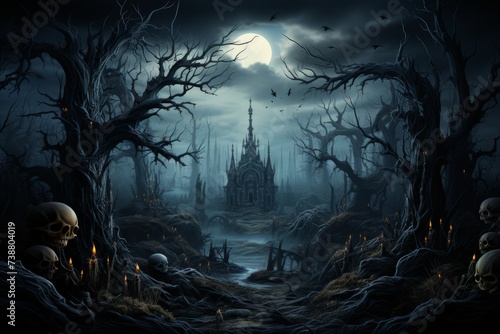 a dark forest with a castle in the background and a full moon in the sky
