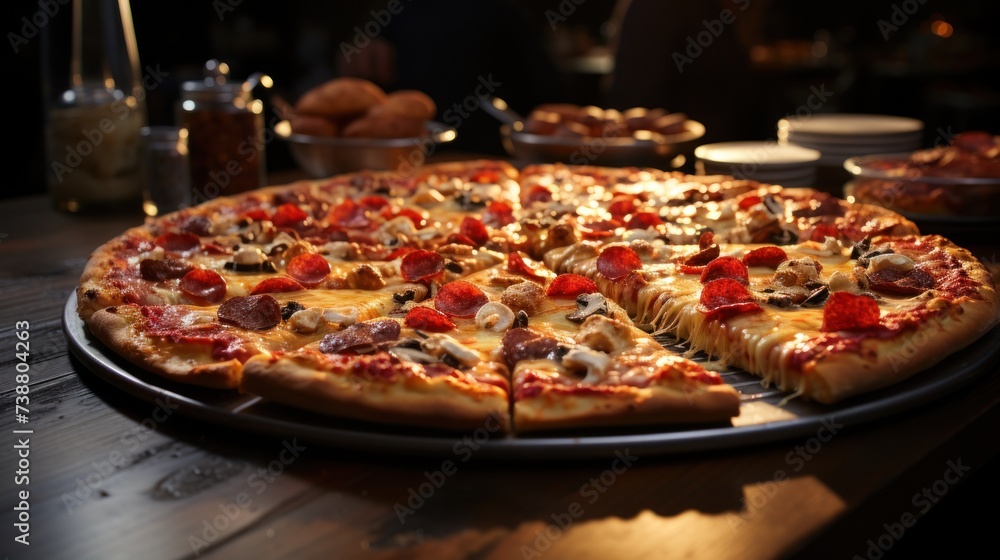 Glowing evening light over a freshly baked pepperoni pizza in a cozy restaurant