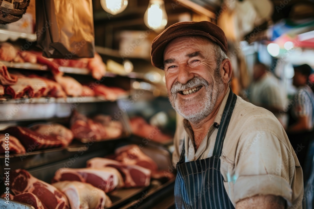 Portrait of a middle aged butcher in meat shop
