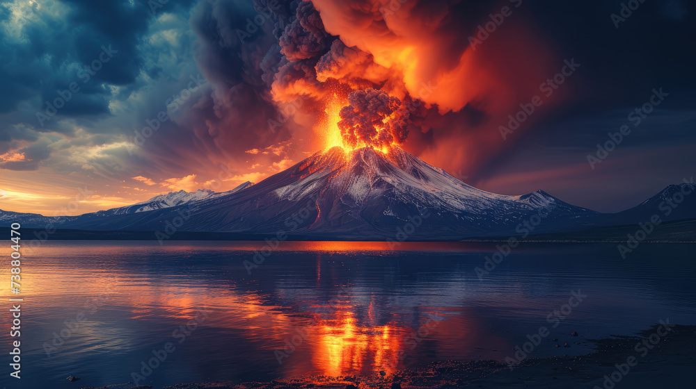 A dramatic volcanic eruption with fiery lava and smoke against a twilight sky, reflected in the waters of a tranquil lake.