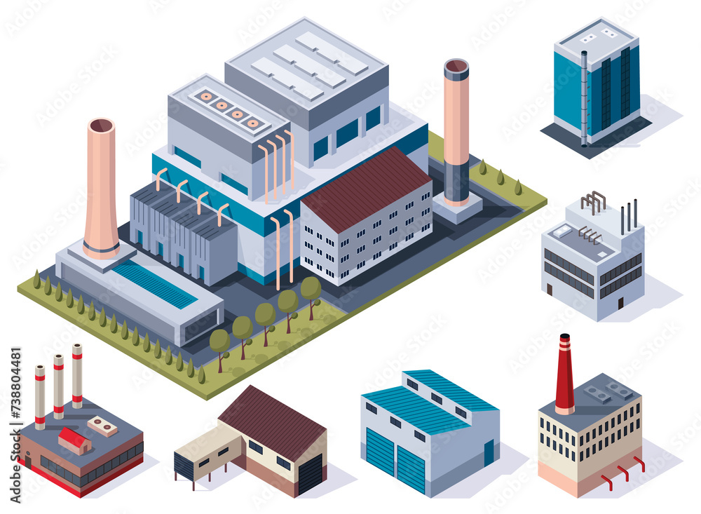 Collection of factory isometric. Architecture of manufactures building. Concept of industrial working plants with chimney tower or pipes. 3d isolated icons set