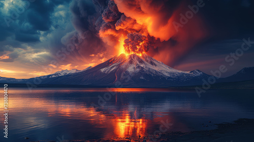 A dramatic volcanic eruption with fiery lava and smoke against a twilight sky, reflected in the waters of a tranquil lake.