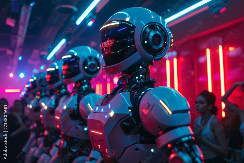 a group of robots with lights and a red and blue background