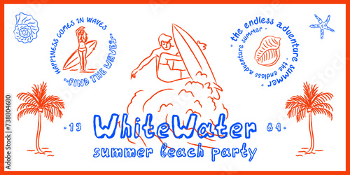 Surfer sketch design clipart, simple. White water text. palms
